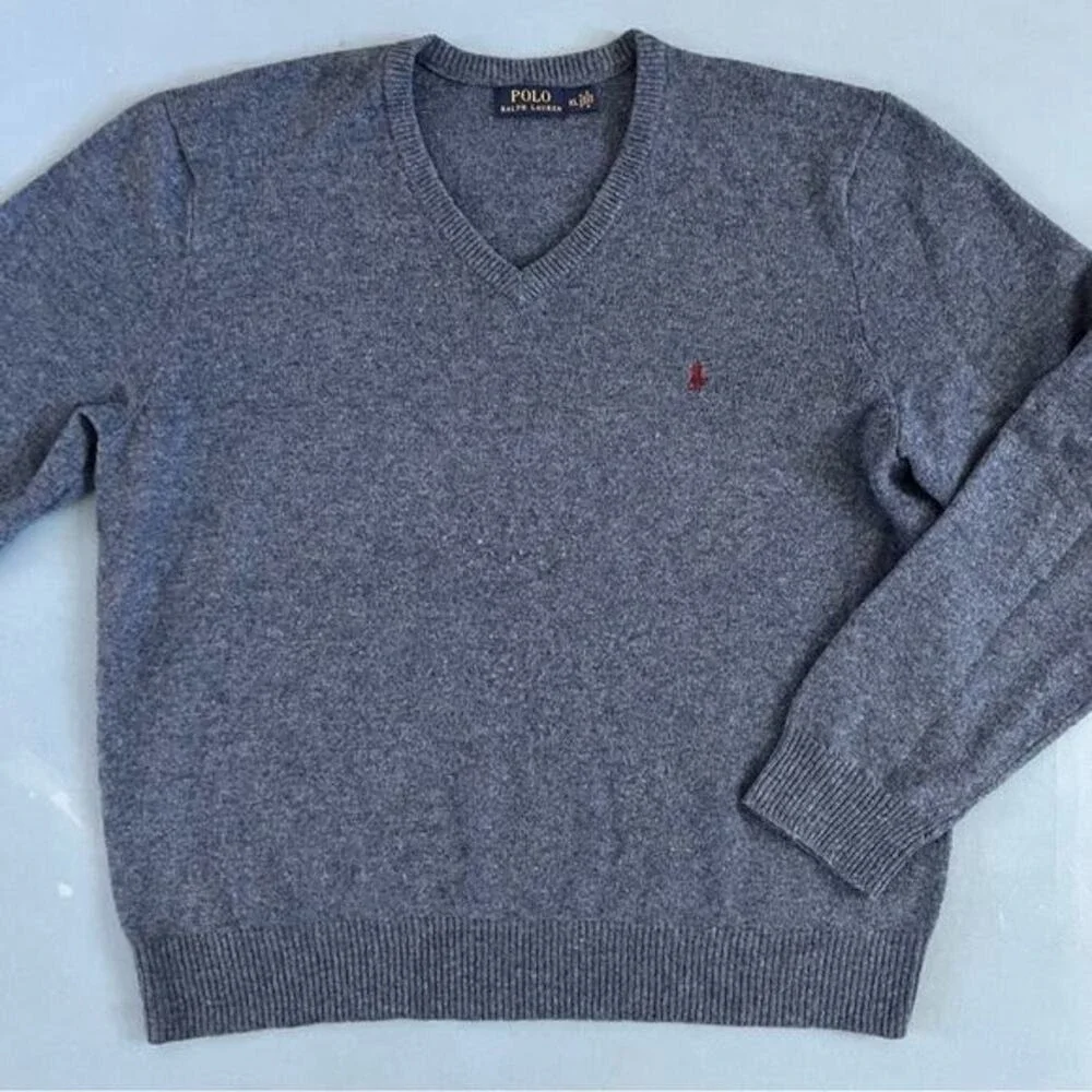 Polo Ralph Lauren Lambs Wool V Neck Blue‎ Knit Pullover Mens Sweater